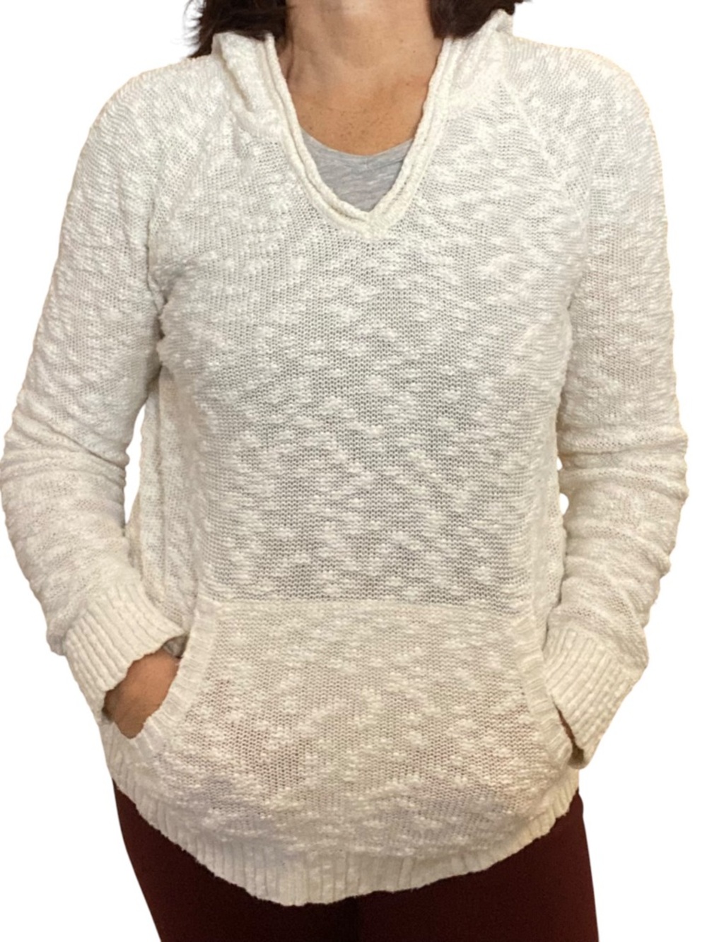 Eddie Bauer 100% Cotton White Textured Knit Hoodie Sweater Size M coastal